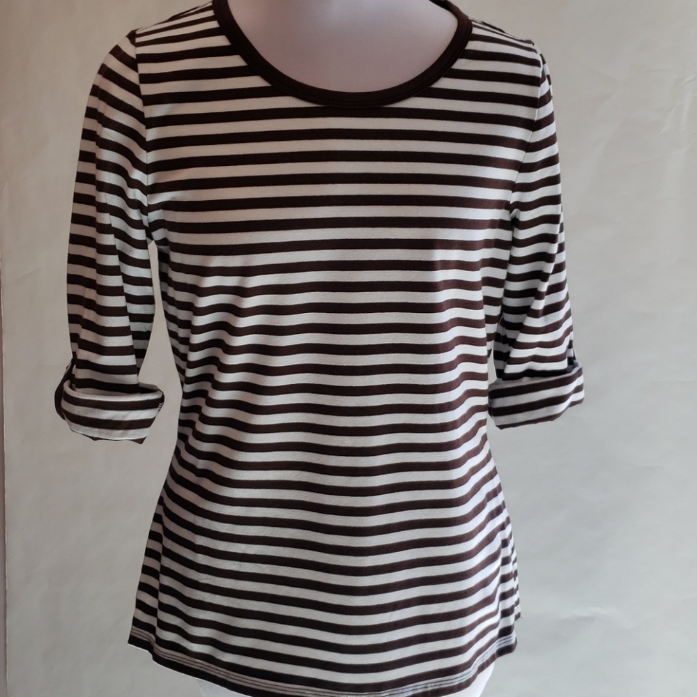Madison Brown & White Striped 3/4 Sleeve Top Small